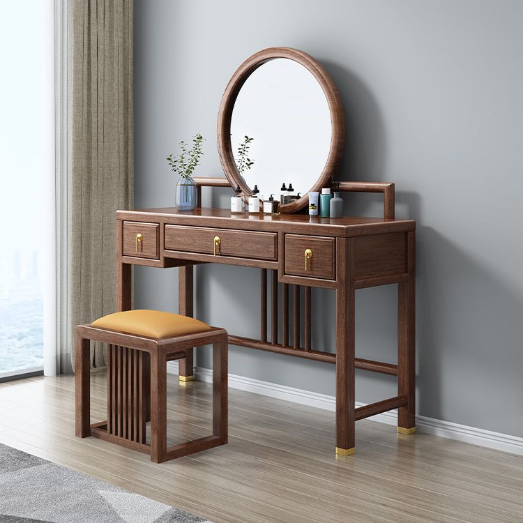 Traditional 3 Drawers Walnut Wood Mirrored Makeup Table Desk Vanity in Brown