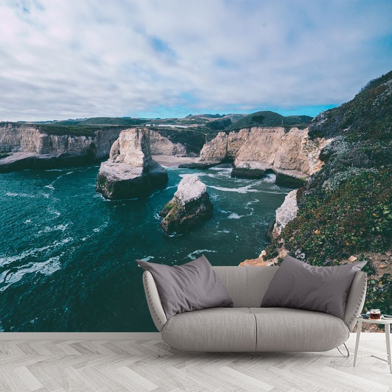 Mountain by the Riverside Mural Blue-Brown Modern Style Wall Covering for Living Room