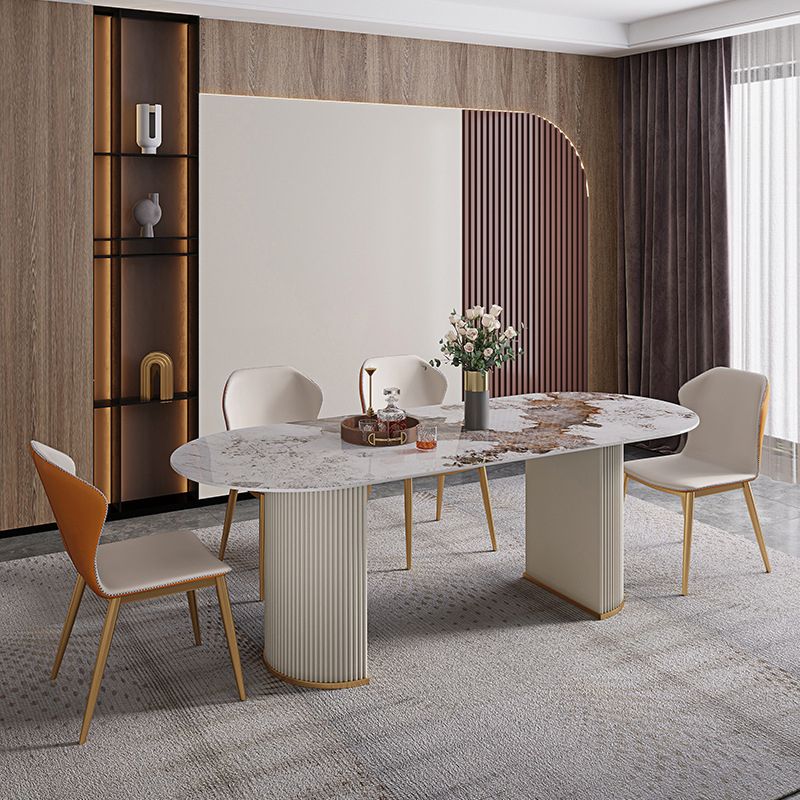 Contemporary Dining Table Stainless Steel Base Oval Double Pedestal Table for Home