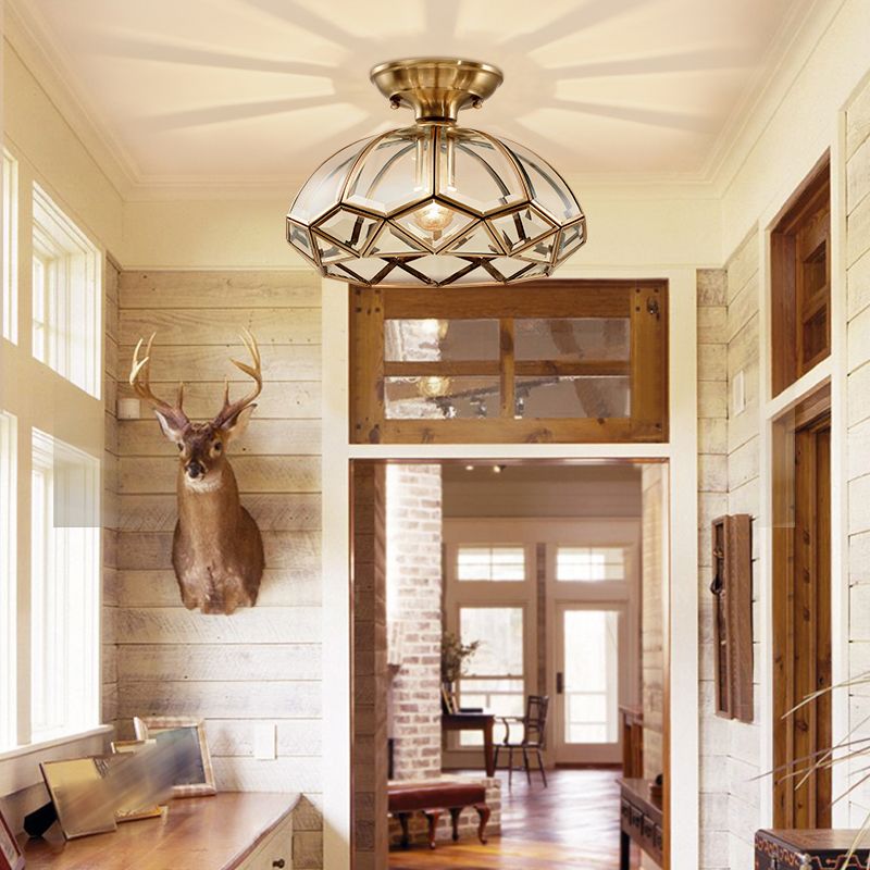 Glass Brass Semi Flush Mount Light Shaded Vintage Close to Ceiling Lamp