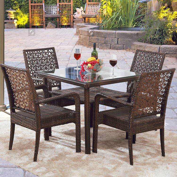 Contemporary Glass Top Dining Table Set 1/2/5/7 Pcs Brown Wicker Dining Set