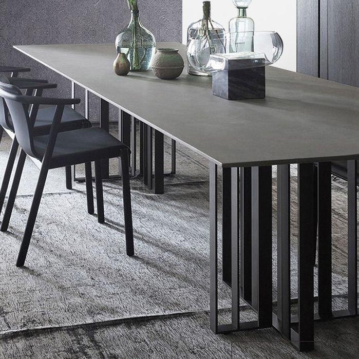 Sintered Stone Modern Dining Table Gray Rectangle Table with Double Pedestal for Home