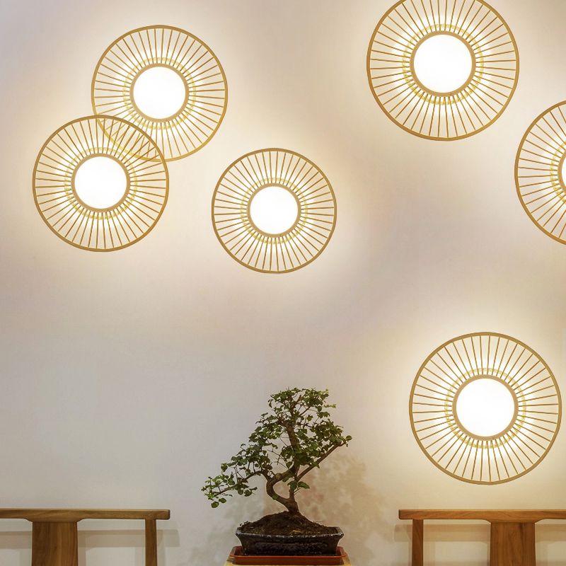 Wheel Shaped Living Room Wall Mount Light Bamboo Simplicity LED Wall Lighting in Wood