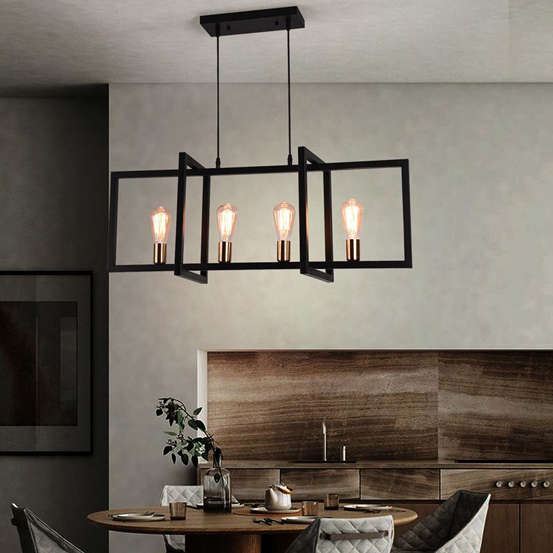 Rectangular Diner Hanging Lamp Industrial Metal 4-Bulb Black Cage Island Lighting