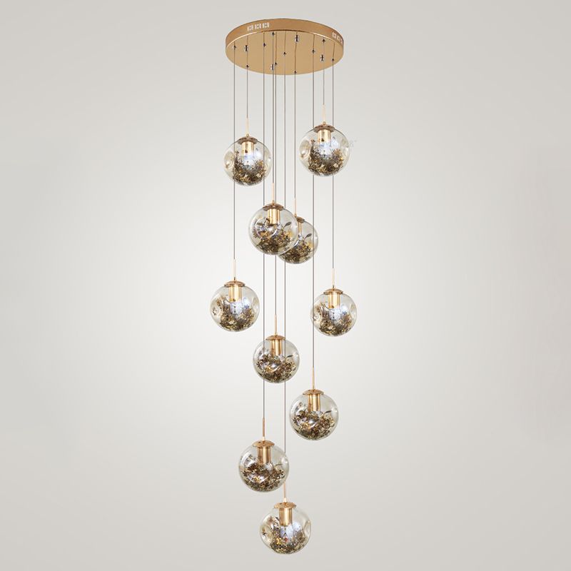 Spherical 10-Light Pendant Modern Cognac Glass Stairway Multiple Hanging Lamp with Shatter Flower Inside