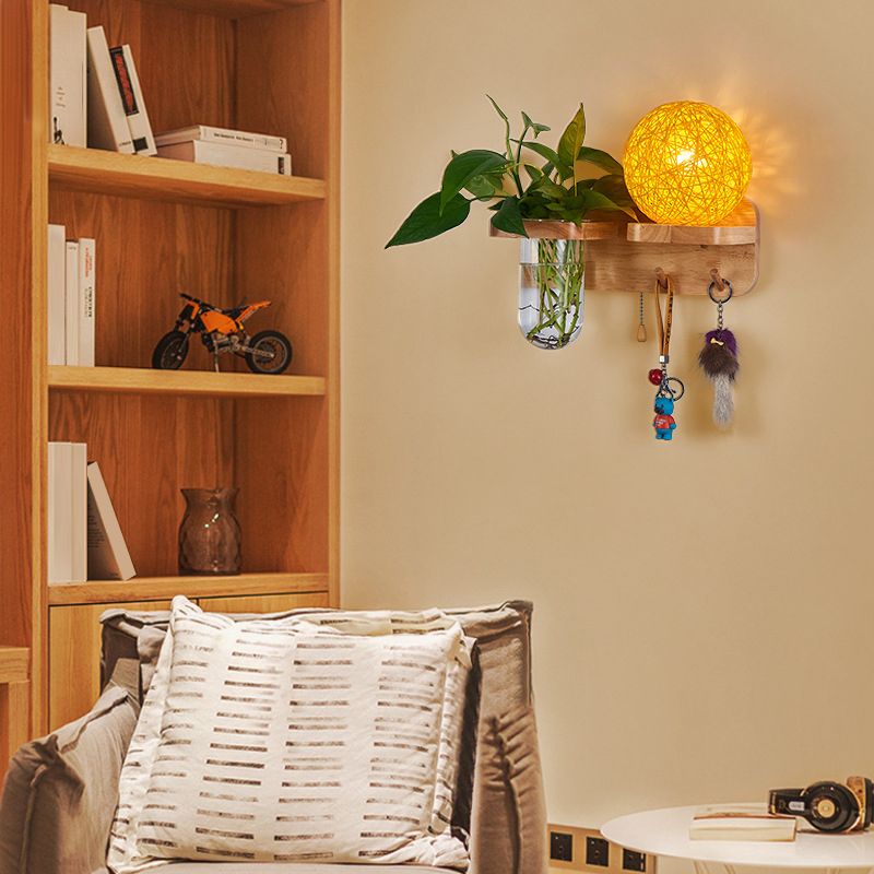 1-Light Rattan Wall Light Fixture Nordic Ball Living Room Sconce Lamp with Pull Chain and Plant Pot