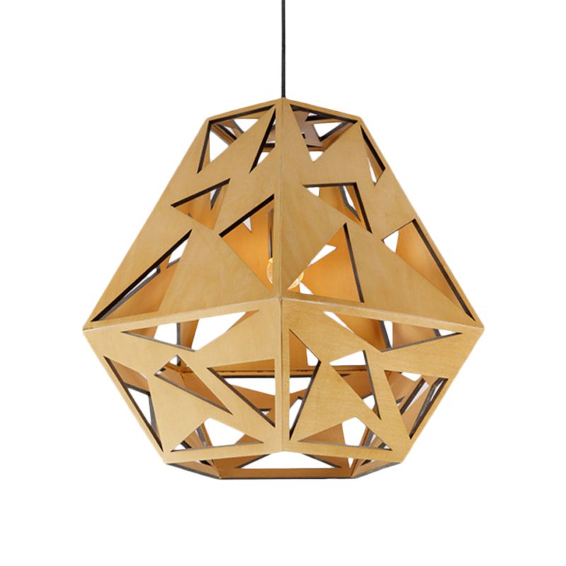 Triangle Cutout Hanging Light Fixture Asia Wood 1 Bulb Dining Room Ceiling Suspension Lamp in Beige