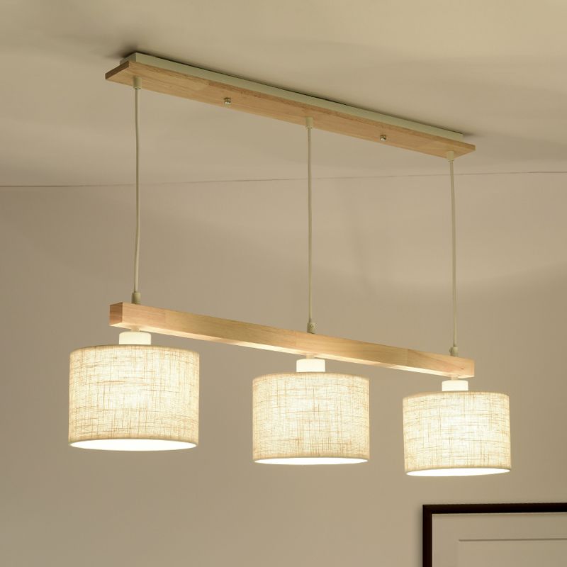 Simple Style 3 Heads Flaxen Square/Drum Island Pendant Light with Fabric Shade for Dining Room