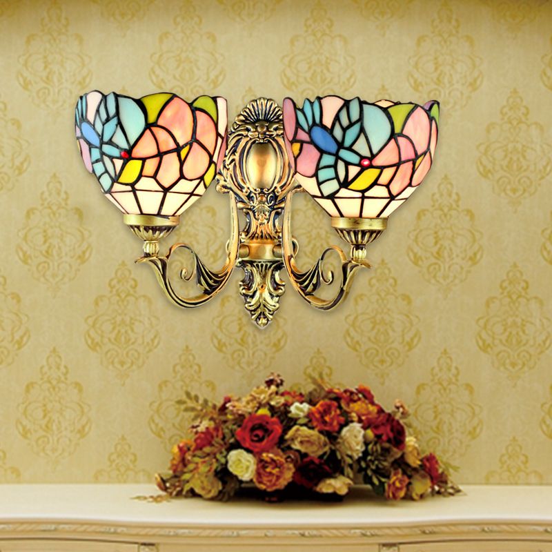 Bowl Wall Lamp Rustic Stained Glass 2 Heads Wall Fixture Light with Art Pattern for Dining Room