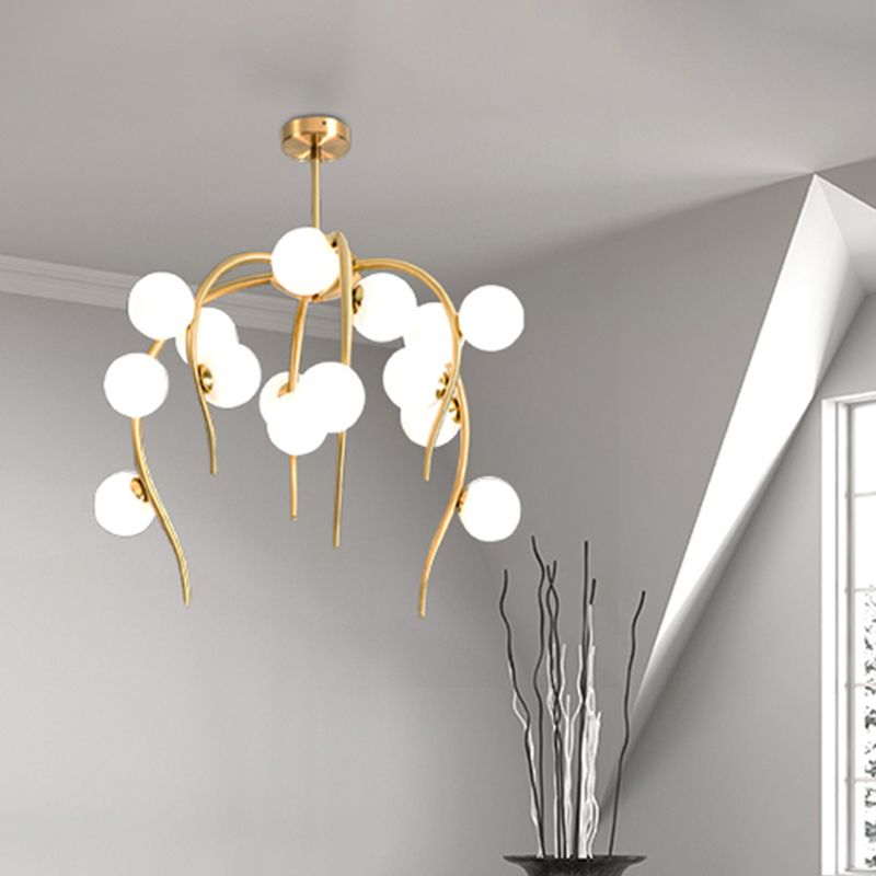 Branch Dining Room Chandelier Iron 15/20-Light Modern Hanging Lamp in Black/Gold with Matte White Balls
