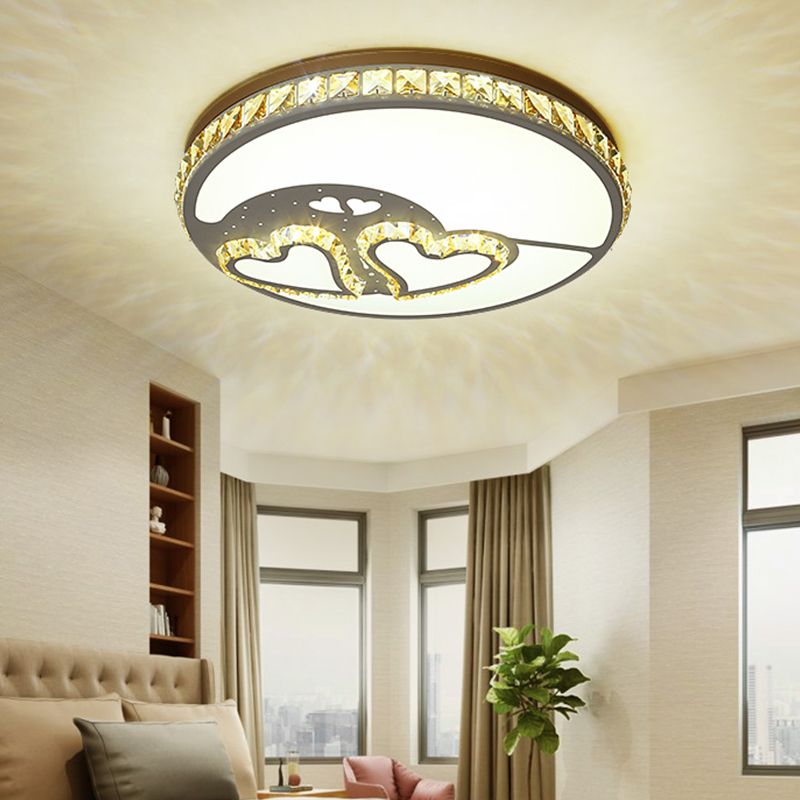 Moon Shaped Crystal Ceiling Flush Minimal Bedroom LED Flush Mount Light with Leaf/Loving Heart/Star Pattern in White
