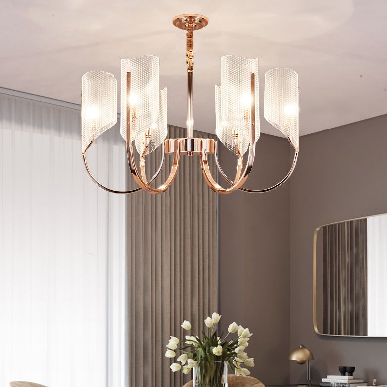 Araña de araña de estilo posmoderno de oro rosa con textura de diamante de brazo de ángulo ajuste de iluminación de sombra acrílica para sala de estar