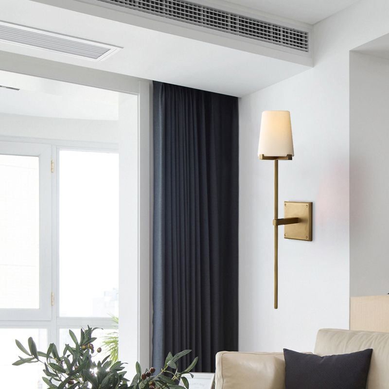 Clear Glass/White Fabric Shade Wall Sconce Tapered 1 Bulb Vintage Wall Mounted Lighting with Black/Brass Bar