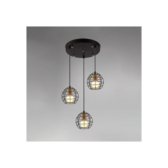 3 Heads Ceiling Fixture Retro Stylish Globe/Hexagon Cage Shade Metal Pendant Light Fixture in Black