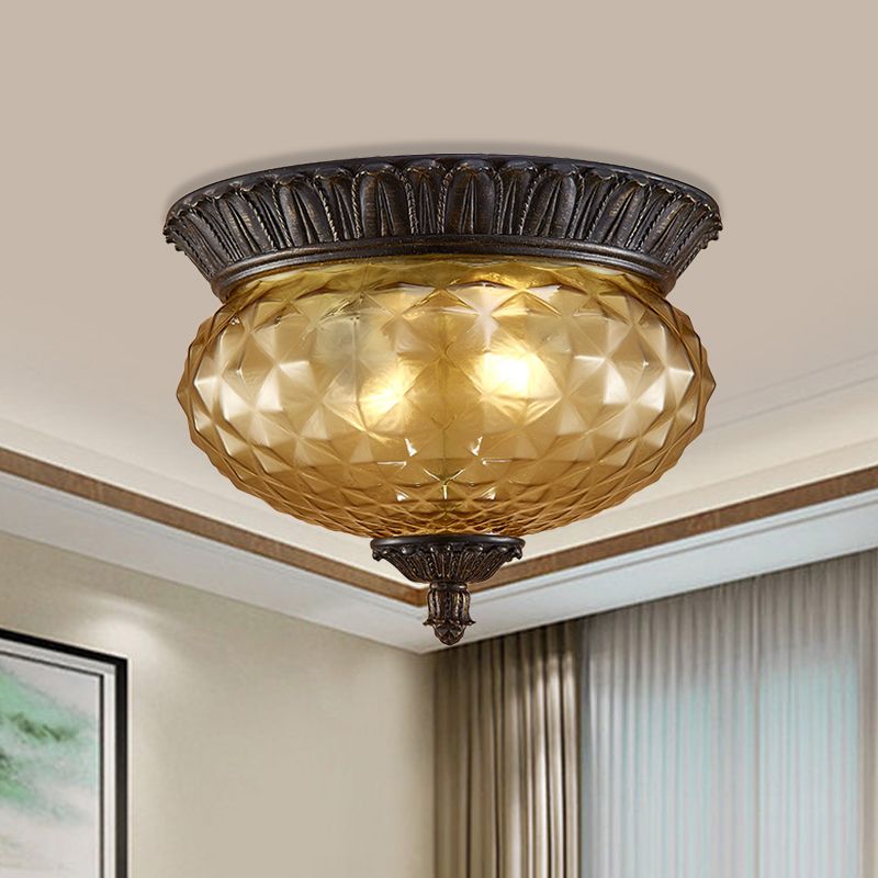 Oval Kitchen Flush Mount Lamp Rustic Amber Beveled Glass 2-Bulb Black Ceiling Lighting Fixture