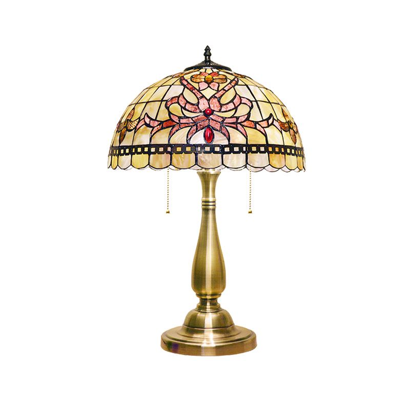 Lampada da tavolo floreale con finiture a griglia Lampada da comodino vintage a conchiglia a 2 teste con catena in oro spazzolato per comodino