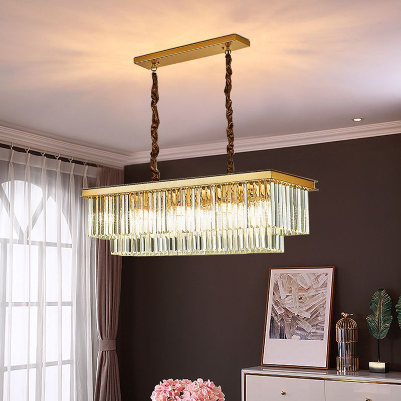 2-Tier Rectangle Living Room Pendant Light Tri-Prism Crystal Artistic Hanging Island Light
