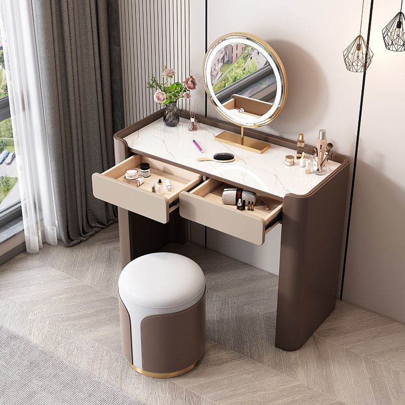 29.53" H Wood/Stone Vanity Table Stool Set 2/5 Drawers Dresser in Brown