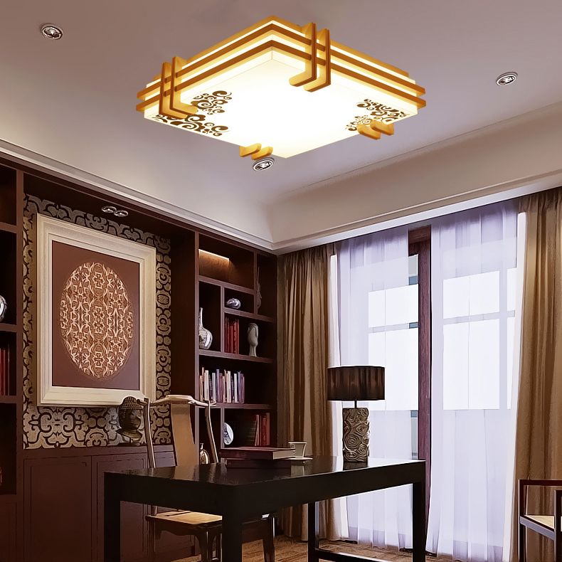 Wood Flush Mount Lighting Square Ceiling Light Fixture for Living Room