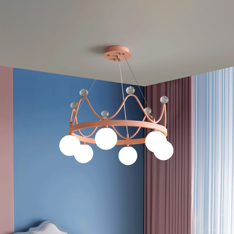 Crown Iron Chandelier Lighting Kid 6 Bulbs Pink/Gold Pendant Lamp with Orb Glass Shade and Crystal Finial