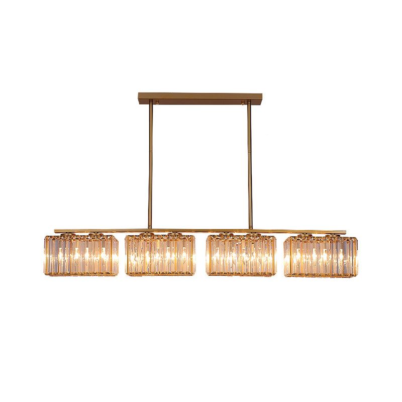 Gold 4/6/8 Bulbs Pendant Lighting Contemporary Metal Linear Island Lamp with Clear Cuboid Crystal Shade for Dinning Room