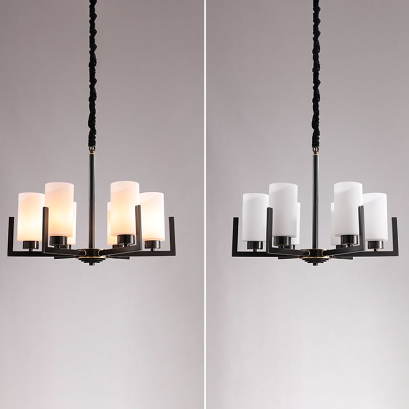 Cylindrical White Glass Shade Brass Chandelier American Style Simplicity Lighting Fixture for Living Room