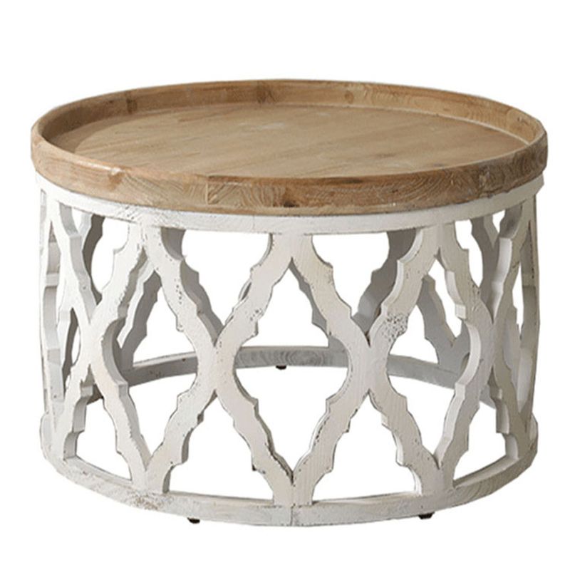 Rustic Drum Side Table Solid Wood Sofa Side Accent Table in Distressed White