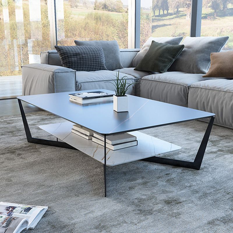 Modern Style Cocktail Table Rock Slate Top with Storage Rack Rectangular Coffee Table