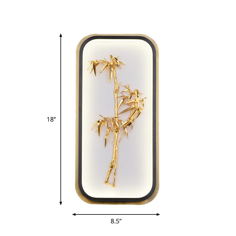 Rectangle Bamboo Leaf Wall Light Chinese Style Metallic LED Gold Wall Mural Lamp for Corridor