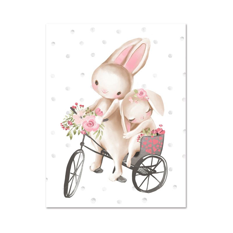 Personified Bunny Canvas Children's Art Animal Painting in Light Color for Bedroom