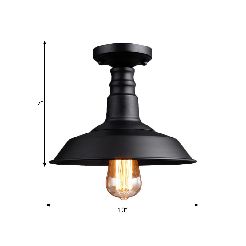 Barn Shade Metal Ceiling Mounted Light Vintage Style 1 Head Foyer Semi-Flush Ceiling Light in Black/White