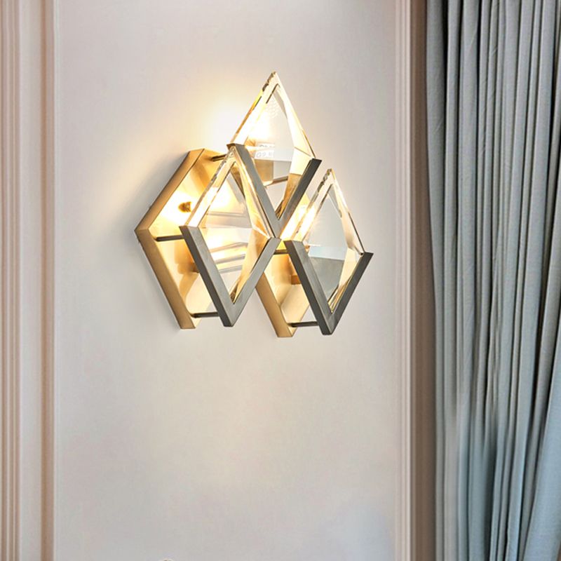 Rhombus Shaped Wall Lighting Modern Style Clear Crystal and Metal 3 Lights Golden Wall Sconce Light