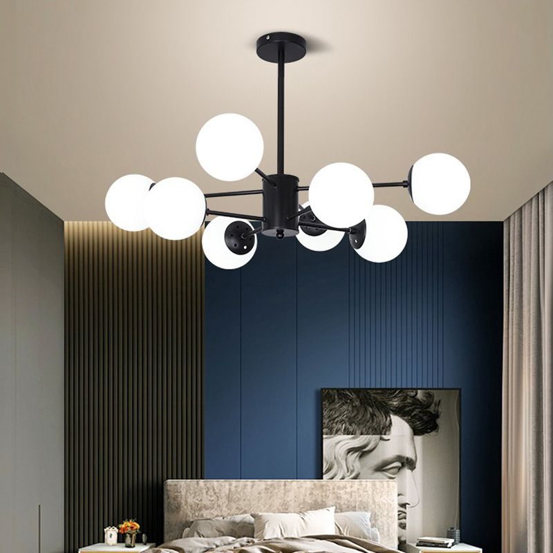 Nordic Globe Chandelier Black Multi Light Hanging Light with White Glass for Bedroom