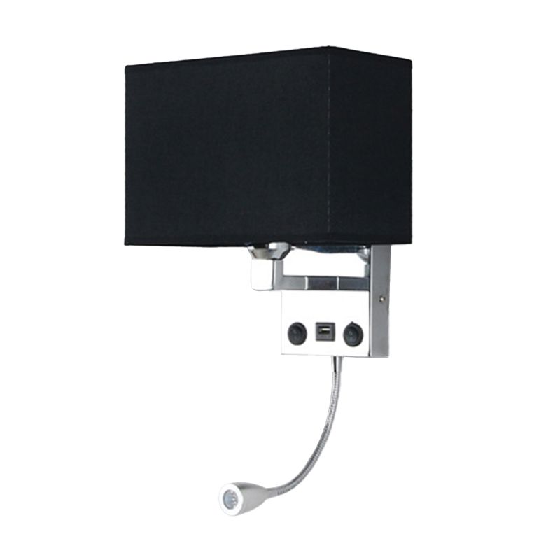 Black/White/Flaxen Cuboid Wall Lamp Modern Single Fabric Wall Sconce with USB Port and Spotlight