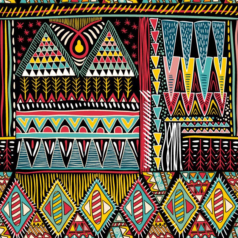 Boho Tribal Symbol Wall Mural Red-Yellow-Green Geometry Wall Covering for Bedroom