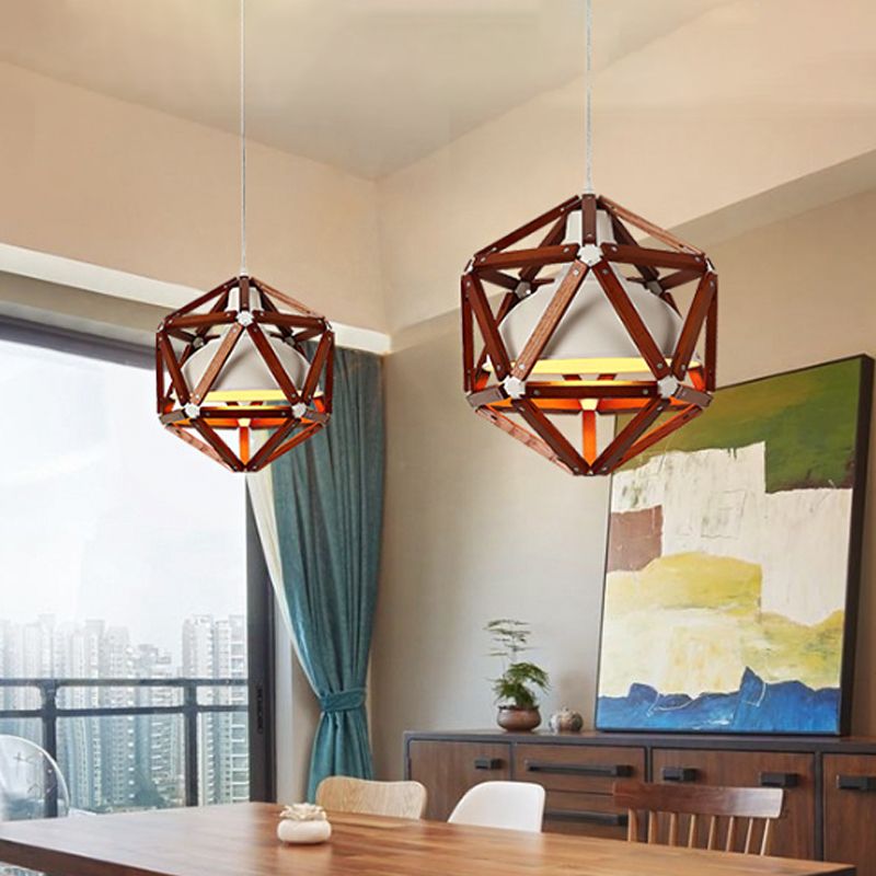Geometric Kitchen Bar Hanging Light Wood 1-Light Modern Ceiling Pendant in Light/Dark Brown with Inner Bowl Metal Shade
