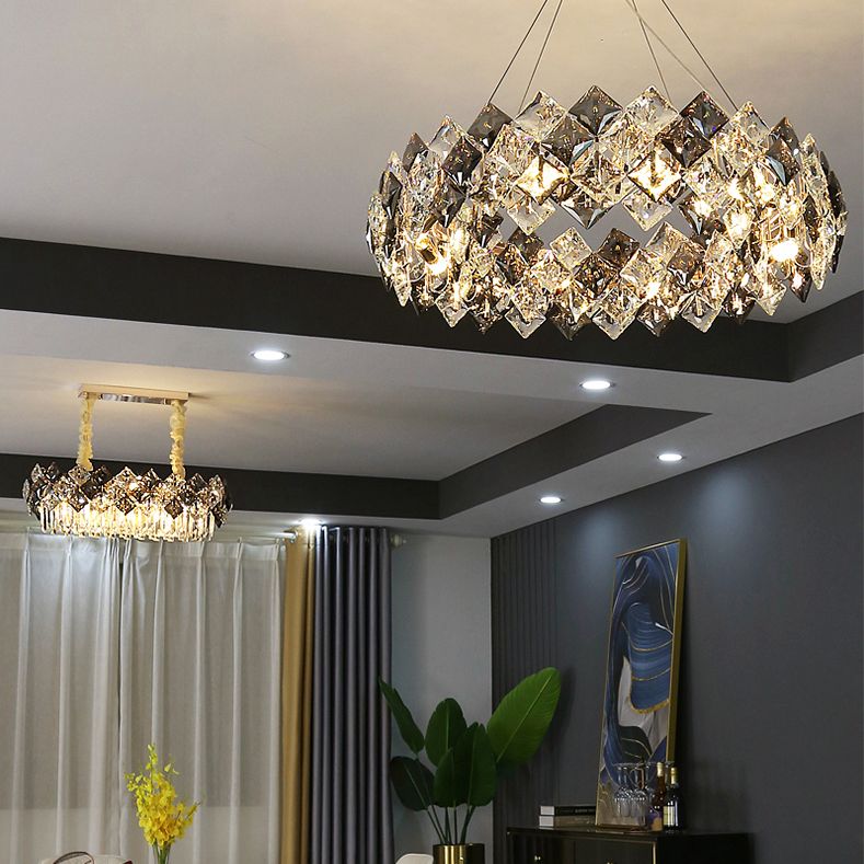 Contemporary Style Chandelier Lighting Fixtures Grey + Clear Crystal Hanging Lights for Living Room