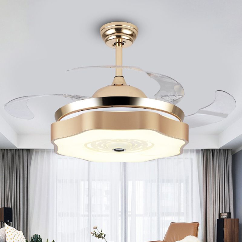 4-Blade-LED-Schlafzimmer Anhänger Lüfter Licht moderne Gold Halbmontage mit Blütenblatt Acrylschatten, 19 "breit