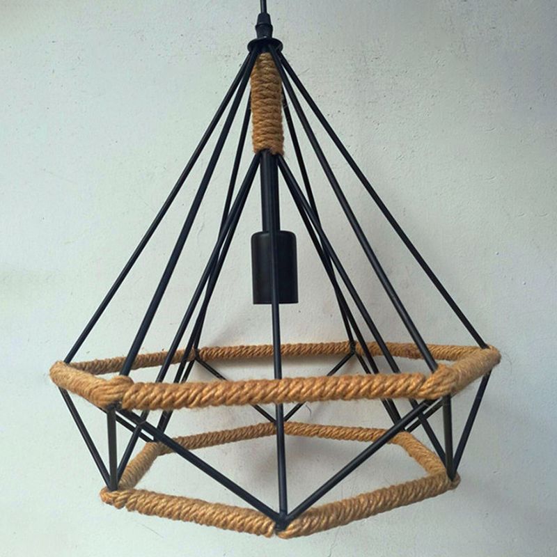 Black Rope Geometric Cage Ceiling Light Industrial Loft Hanging Light for Dining Room
