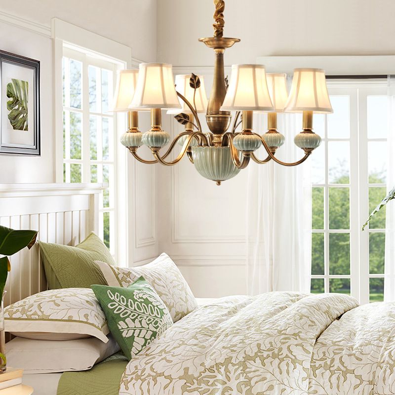 White Paneled Bell Shade Pendant Lamp Rural Fabric 6-Head Bedroom Ceiling Chandelier