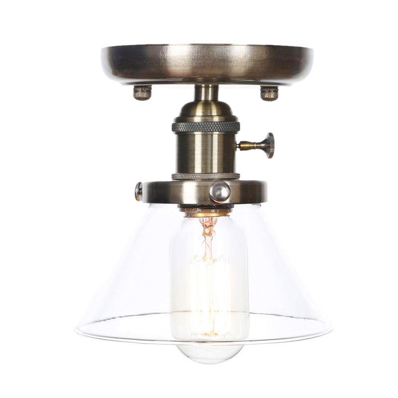 1 Light Ceiling Lighting Industrial Cone/Bell/Rhombus Clear/Amber Glass Semi Flush Mount Light in Bronze