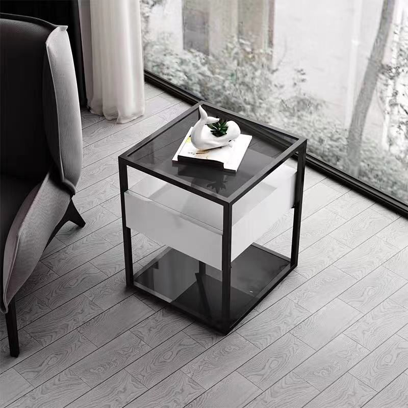 21.2" Tall Modern Rectangular Glass Top Side Table Iron Frame End Table with Storage