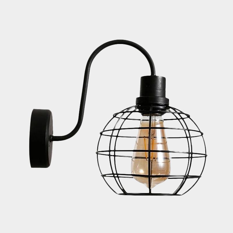 1 Bulb Sconce Lamp Retro Style Wire Global Cage Metal Wall Sconce Light in Black for Living Room