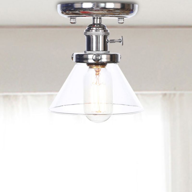 1 Bulb Semi Flush Mount Cone/Bell/Rhombus Industrial Clear/Amber Glass Ceiling Light in Chrome