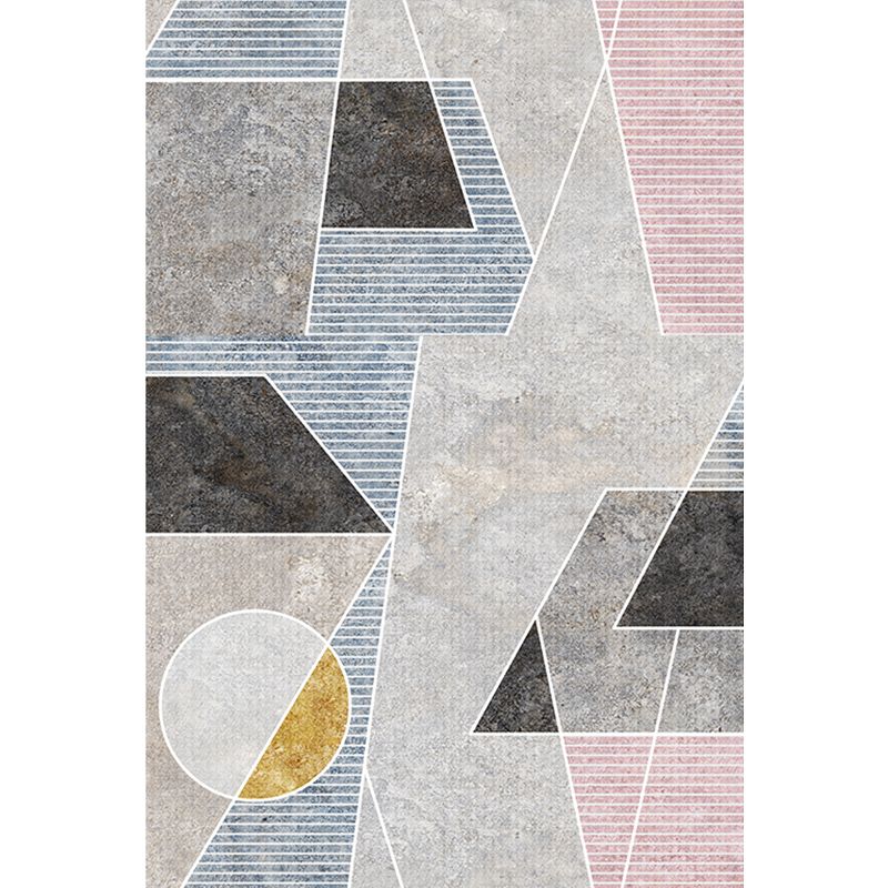Unique Geometric Pattern Rug with Stripe Grey Modern Rug Polyester Washable Pet Friendly Anti-Slip Carpet for Living Room