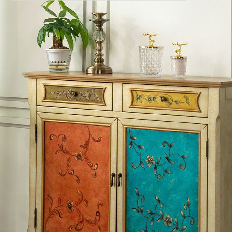 2 - Drawer Distressed Wood Cabinet 40.9" W Hand Painted Door Storage Cabinet