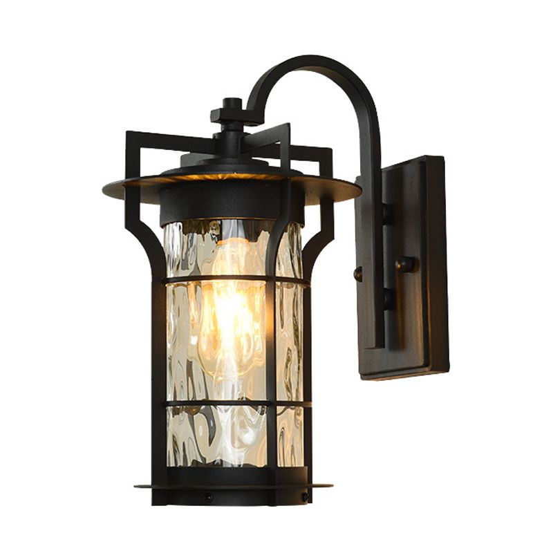 Country Cylinder Wall Light Sconce 1 Bulb Clear Water Glass Wall Mount Lamp Fixture in Black for Corner