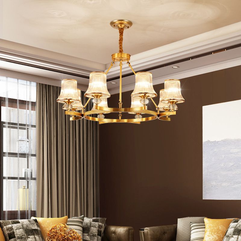 Brass Flared Chandelier Vintage Clear Rib Glass Living Room Suspension Pendant Light