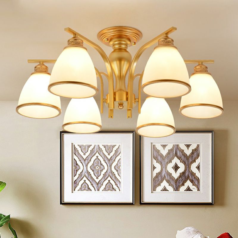 Goud afwerking bell semi spoel kroonluchter traditionele opaalglazen slaapkamer plafond gemonteerd licht