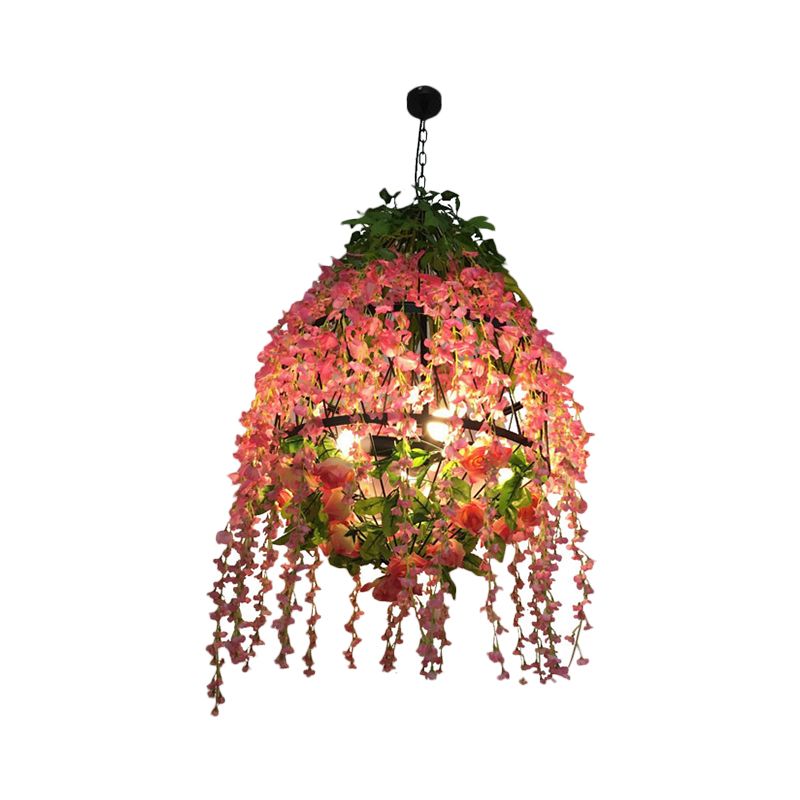 4 Heads Hanging Chandelier Industrial Restaurant Floral Pendant Light Kit with Wire Cage Metal Shade in Pink